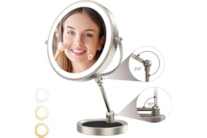 AMOLABE 9" Großer Schminkspiegel mit Beleuchtung, 10-fach/1-fach Vergrößerungsspiegel mit Licht, 360 Grad Kosmetikspiegel mit Beleuchtung, Höhenverstellbarer 3 Farblichter Einstellbare Helligkeit Nickel
