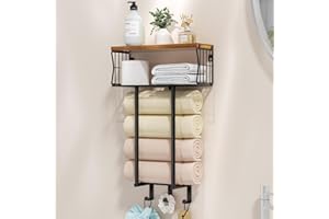 HapiRm Towel Rack Wall Mounted - Multi-Functional Bathroom Towel Storage with Hooks, Space-Saving Bathroom Towel Holder for Bathroom Accessories Bathroom Storage & Organisation, Suit for Toilet, Black