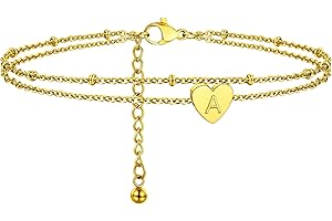PROSTEEL Women Initial Anklet, A-Z Letter Heart Ankle Bracelet, Adjustable Double-Layer Foot Chain for Beach Summer, Silver/Gold Plated 316L Stainless Steel (with Gift Box)