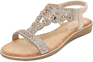 KUNWFNIX Summer Women's Flat Sandals Ladies Rhinestone Bohemian Walking Sandals Dress Shoes for Outdoor Beach Wedding