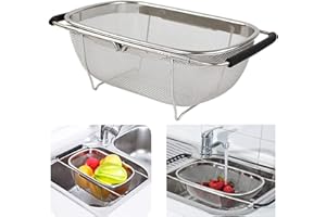 HOJKMA Edelstahl Sieb für Spüle Abtropfsieb Ausziehbar, Über dem Spülsieb Erweiterbares Ovales Siebkorbsieb mit Gummigriffen 4 Quart Klein Sieb für Küchenspüle Abfluss, Spülen von Obst Gemüse, Schwarz