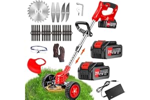 TUCSSARG Débroussailleuse Electrique sans Fil 21V 4.0Ah Coupe Bordure avec 2 Batterie et Chargeur Taille Bordure avec Roues & 3 Types De Lames,Légère à Faible Bruit pour La Coupe De Jardin, Pelouses Arbustes