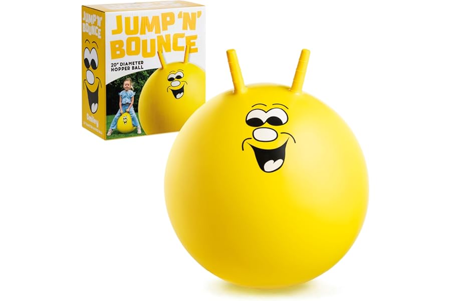 Toyrific Jump N Bounce Kids Space Hopper, 20 Inch Retro Bouncing Ball with Easy Grip Handles, Outdoor or Indoor Exercise Toy for Ages 3+, Smiley Yellow Design