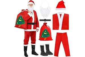 GLOSKIN Weihnachtsmann Kostüm,7-Teiliges Weihnachtskostüm Herren-Set für Erwachsene, mit Nikolaus Bart,Mütze,Schuh, Kleidung,Hosen,Gürtel und Geschenktüten