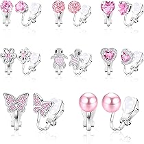 CASSIECA Schattige clip-on oorbellen voor dames, meisjes, kinderen, hypoallergeen, hart, ster, vlinder, bloem, kat, CZ, veelkleurig, zonder gaatjes, prinsessenset, speelgoedoorbel, 15/16 paar, Rubber