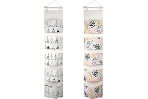 SMFANLIN 2Pcs Over The Door Storage Hanging Bag, Premium Linen Fabric Wall Closet Hanging Storage Organizer with 5 Pockets, Waterproof Hanging Shelves Pocket for Wall Bedroom Bathroom (Leaf)