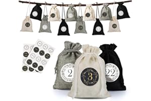 ‎NALER Naler 24 x Jutesäckchen Adventskalender Stoffbeutel mit Zahlenaufkleber Jute Beutel Natur Säckchen Geschenksäckchen für Weihnachten - Schwarz/Creme/Hellgrau