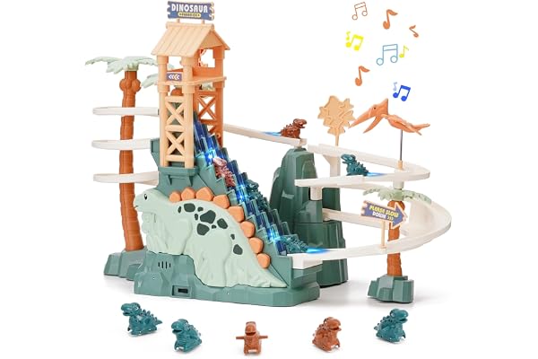 Chidiam Piste de Course Jouet Dinosaure Escalade Escaliers Jouet Double Boucle Toboggan pour Enfants avec Musique Lumière Intelligence Puzzle Éducatif Playset pour Enfants Garçons Filles