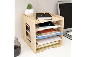 PUNCIA 5 Tiers Lengthways Wood Office Paper Organizer for Desk Desktop File Holder Stackable Letter Tray A4 Paper Sorter Document Book Magazine Mail Storage Shelf Rack Desk Literature Organizer
