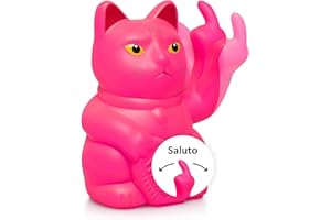 ANGRY CAT - Gatto fortuna Lucky Cat - Divertente gatto giapponese che saluta con dito medio puzzolente - Figura statuetta statua idea di regalo con braccio ondeggiante - rosa, 15cm