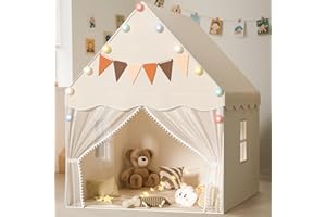 EagleStone Kids Play Tent with Star Light and Padded Mat, Playhouse for Kids, Neutral Color Play Room Furniture, Indoor Bed Tent Gift Toys for Toddle,Boys, Girls, Youth, Teens (White)