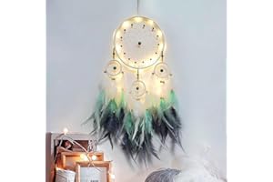 Hongyans Traumfänger mit LED Licht Handgefertigt Dreamcatcher mit Federn Böhmen Dekoration für Schlafzimmer Hochzeit Wandbehang Ornament Mädchen Kinder Geschenk