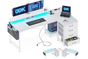 ODK Scrivania Gaming Angolare, 160x80x84.7cm Scrivania Angolare Reversibile con 4 Cassetti, Tavolo a Forma di L con LED e 2 Porte di Ricarica USB e 2 Prese di Corrente per Casa Ufficio, Bianco