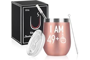 Livole Prezent na 50. urodziny, kubek do wina ze wzorem 49+, stal nierdzewna, podwójnie izolowany kieliszek do wina, bez nóżki, z pokrywką i słomką, dla kobiet, mamy, żony, 360 ml, różowe złoto