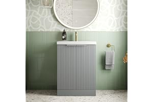 BAYSTONE® Fluted 600mm Bathroom Vanity Unit Ceramic Wash Sink, Cloakroom Storage Furniture Under Basin Cabinet Floorstanding Cupboard, Matt Grey
