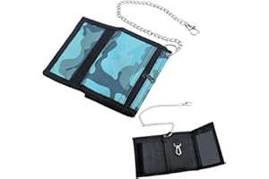 BRISKORE Geldbeutel Kinder Slim Geldbörse Jungen Blau Portmonee Kinder mit Kette Clip Reißverschluss Faltbare Dreifache Kinder Portemonnaie Kindergeldbeutel Jungs Wallet für Teenager Jungen Herren