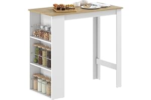 HOMCOM Mesa Alta de Bar, Mesa de Cocina con 3 Estantes Laterales, Estilo Moderno, para Comedor, Salón, 112x57x106 cm, Blanco