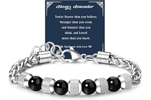 GEMAURA Men's Stainless Steel Bracelet - 8MM Tiger Eye Natural Stone Beads, Adjustable Silver Chain, Lucky Jewelry Gift