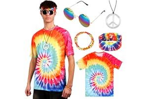 MOIUGULI Hippie Kostüm Herren, 5 Stück 60er 70er Jahre Bekleidung Männer Batik Shirt mit Stirnband Peace Zeichen Halskette Sonnenbrille Armband Disco Outfit Hippie Accessoires Karneval Fasching Kostüm