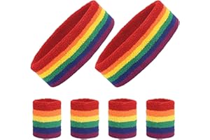LAMEK 6Stk 80er Jahre Schweißbänder Set Neon Stirnband Absorbierendes Sportstirnband mit Regenbogen Armband Pride Party Accessoires für Damen Herren LGBTQ Schwulenparade Karneval