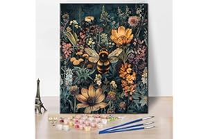 TISHIRON Vintage DIY Malen nach Zahlen für Erwachsene, Vintage Floral mit Wildblumen und Hummeln Malen nach Zahlen Kits mit Pinseln und Pigment, Kunsthandwerk, 40x50 CM, (Rahmenlos)