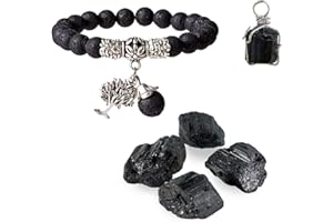 Soulnioi Crystals and Healing Stones Sets for Beginners 1pc Black Tourmaline Necklace, 1pc Volcanic Stone Bracelet, 4pcs Raw Black Tourmaline for Meditation