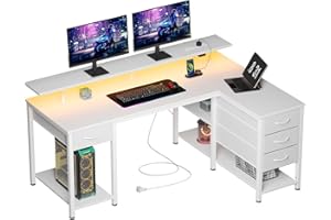 Seventable 120cm L Shaped Computer Desk with LED Lights, USB Ports, Power Outlets, Monitor Stand & Storage Drawers(Reversible Design) – Modern Corner Desk for Bedroom or Home Office, White