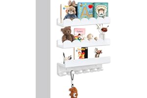 Rainmae Wall Book Shelves for Bedroom Kids with Hooks 40cm Scalloped Shelves for Nursery Set of 3, Nursery Bookshelf for Wall Room Decor