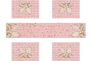 jklitio 5 Pieces Easter Table Runner and Placemats - Floral Rabbit Ear Table Runner 72 Inches Long and Placemats Set of 4 for Dining Table, Easter Party Holiday Decorations Set