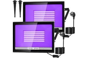 NATPOW Lumière Noire LED 100W, 395nm Lumiere Noir Soiree Fluo, IP66 Etanche Lampe UV avec Prise et Piquets au Sol, Projecteur LED UV pour Body Painting, Bar, Fluorescente Fête, Halloween (2 pièces)