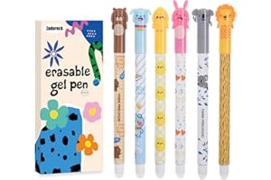 Zadoreck Stylo effacables Lot de 6 stylo gomme bleu thermosensible stylos à bille à encre gel pour enlever l'encre sans consommer la feuille pointe de 0,5 mm,Lapin, koala, éléphant, ours,lion,poussin