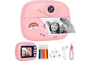PTUI Appareil Photo instantané pour Enfants - Appareil Photo 1080P pour Enfants avec Carte SD 32GB 3 Rouleaux de Papier d'impression 6 stylos de Couleur pour 3-12 Ans Filles Garçons Rose
