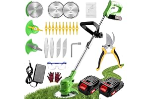 Gompuy Strimmer Garden Strimmer with Blades, Cordless Strimmer, Electric Telescopic Brush Cutter, Grass Trimmer with 2 x 21V 2.0mAh Batteries, Suitable for Gardens, Villas, Lawns