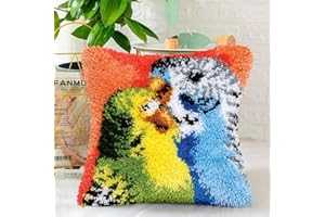 ROCKY&CHAO Latch Hook Kit for Adults and Beginners, Parrot Couple 17X17Inch, Latch Hook Pillow Case Kits 43x43cm, DIY Latch Hook Cushion Cover Kits, Cross Stitch Embroidery Kits for Home Decoration