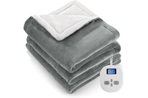 CURECURE Electric Heated Blanket 150 * 200cm Throw with 10 Heating Levels & 12 Timer Settings, Soft & Comfortable Flannel, 1-12 Hours Auto Off, Home Office Machine Washable Silver Gray