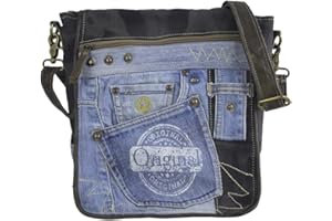 Sunsa Trwała torba listonoszka torba na ramię z dżinsów i płótna pochodzących z recyklingu. Unisex Crossover Bag z dużą ilością miejsca. Czarny niebieski, Jeans, 25x27x8cm, Retro
