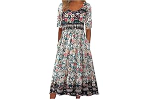 NUSGEAR 2024 Vestidos Largo para Mujer Vestido Manga Corta Elegante Primavera Verano Impresión Boho Bolsillos Casual Vestidos Cuello Redondo Fiesta Moda Playa Suelto Vestido de Noche Vacaciones
