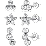 Sterling Silver Stud Earrings for Women Girls- 3 Pairs Tiny Stud Earrings Round CZ Cubic Zirconia Earrings Set Cartilage Smal