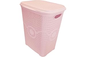 BEST HOUSE ANOTHER FINE PRODUCT Best House | Plastic Laundry Basket | PINK | 65 Litres | Large | Knitted/Rattan Style | Laundry Storage Basket with Lid | Clothes Storage Washing Bin Basket Hamper for Bathroom Bedroom (Pack of 1)