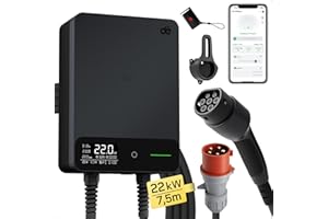 ‎DÉ dé Typ 2 Wallbox 22kW mit APP und stromzähler, 6-32A 3-Phasen EV-Ladegerät 400V mit 7,5m Ladekabel und Kabelhalter für BEV/PHEV, RCD Typ-B & IP54-Schutz, effiziente Ladestation für Zuhause, schwarz