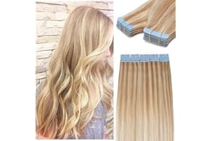 20"(50cm) SEGO Extensiones Adhesivas Pelo Natural 40 Piezas [#18/613 Rubio Ceniza/Blanqueador Rubio] 100% Remy Cabello Humano sin Clip Tape in Hair Balayage (100g)