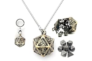 Haxtec Mini Metal DND Dice Set With Bronze Hollow D20 Necklace Dice Case Antique Tiny Metal Dice Set D&D Portable 7PCS Keychain Dice Set