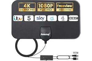 AMAZQI TV Aerial Indoor 350+ Miles Long Range-Amplified Smart Digital 4K 1080p TV Aerial with Signal Booster - Support All Older TV's with Amplifier Connector for Freeview Channels