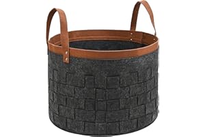 DAKCOS Cesta de leña Cesta de fieltro para estantería Bolsa para ropa sucia, fieltro extra grueso tejido a mano, asa con remaches reforzada y plegable, 65L