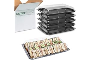 Caterline 5 x Large (450mm x 310mm x 75mm) Black Catering Platters & Clear Lids/Reusable Plastic Serving Trays/eco-Friendly Sandwich Packaging/Party Platters