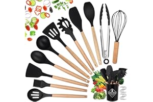 hicoosee Zestaw przyborów kuchennych, 22-częściowy silikonowy zestaw przyborów do gotowania, naturalne drewniane uchwyty, narzędzie do gotowania, wolne od BPA, nietoksyczne, nieprzywierające, odporne