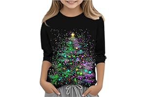 SAXREL Kids Light Up Christmas Tree Jumper-Girls 3/4 Sleeve Christmas Tshirt Xmas Tops Sweatshirt Loose Fit School Party Pullover 3-11 Years