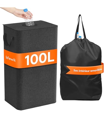 KIMIGO Collecteur De Bouteilles 110L,Rangement De Bouteilles Consignées Avec 2 Sacs De Transport,Récipient De Collecte De Bouteilles Consignées Pour Recyclables & Verre, Noir
