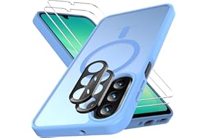 Ezanmull für Samsung Galaxy A26 5G Hülle Magnetisch Stoßfest, 2 Glas Bildschirm Schutzfolie + 2 Kamera Objektiv Schutzfolie, Transparente Anti-Fingerabdruck Hülle für Galaxy A26 5G (Hellblau)