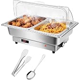 9L Chafing Dish Buffet Electric Stainless Steel Buffet Heater | With Glass Lid Adjustable Thermostat Heats Food 2 Trays GN 1/